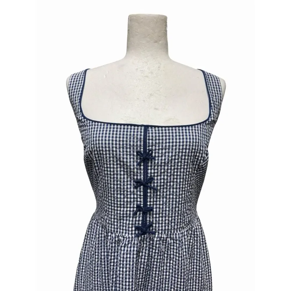 Caroline Constas Dress Blue Gingham Smocked Maxi Sundress Cottagecore Large - Picture 3 of 6